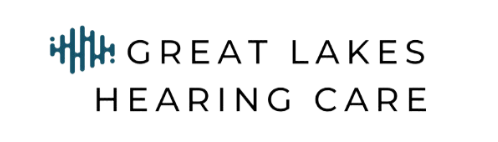 Logo for Great Lakes Hearing Care with teal sound wave icon.