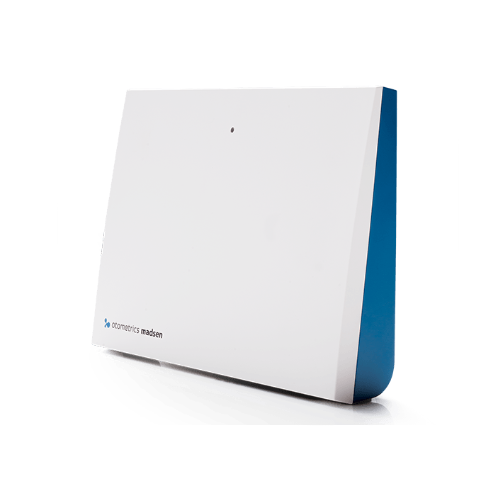 White and blue modem with a small black dot on the front. 