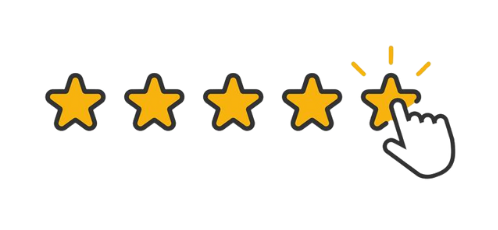 Five yellow stars, hand clicking the last star, rating feedback.