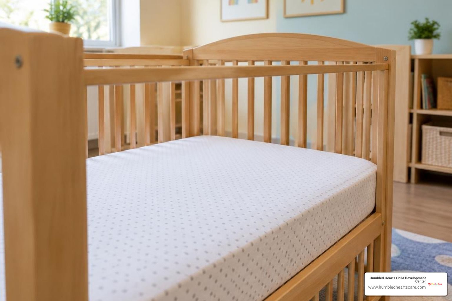 Infant sleeping in a safe, empty crib at daycare