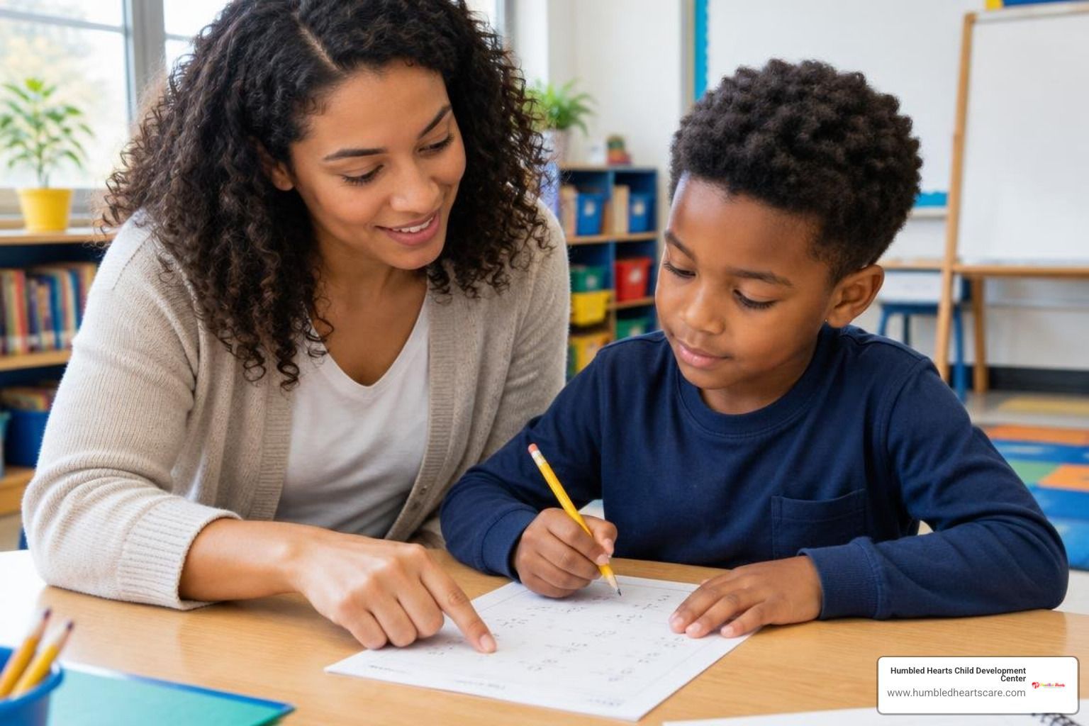 educator guiding an elementary student through math problems