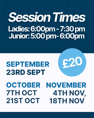Session times poster with blue header, £20 badge, and September-October-November dates.