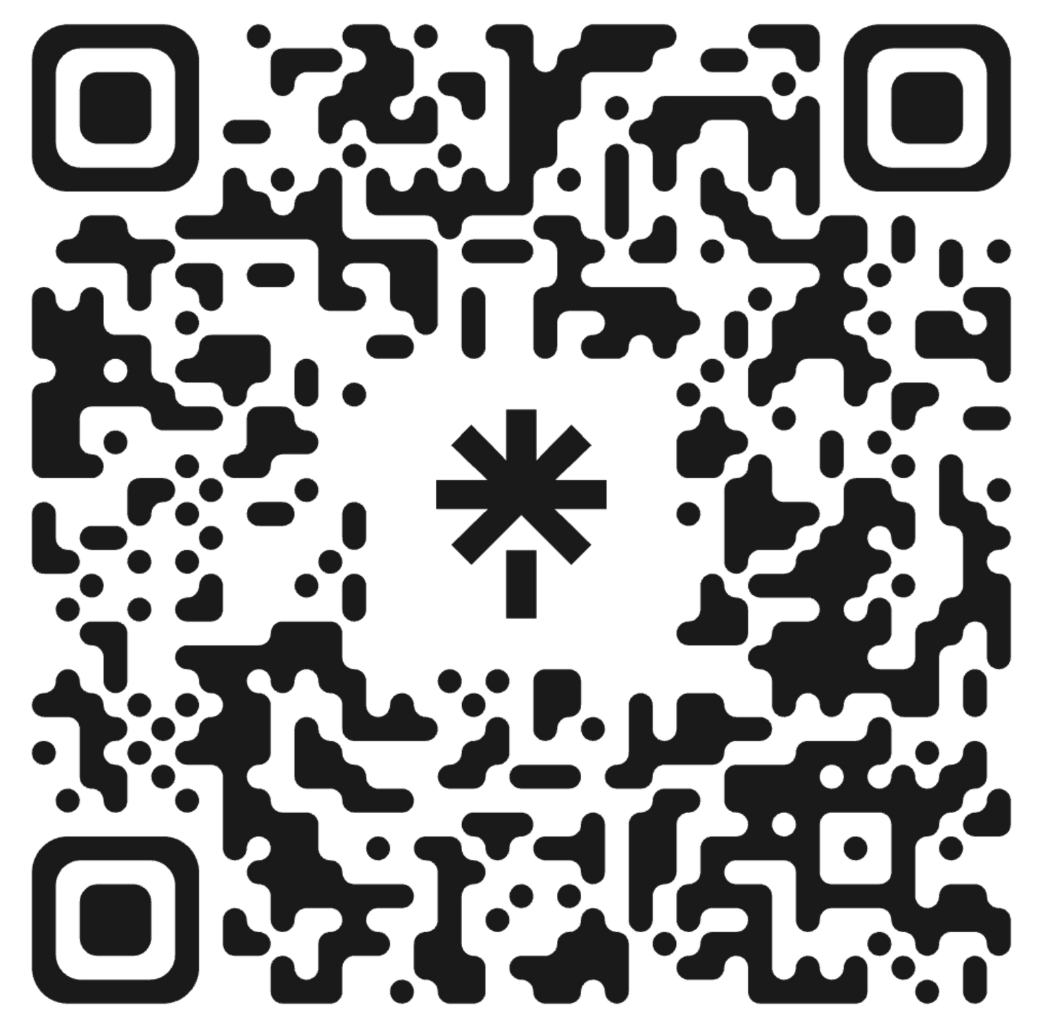 Black-and-white QR code with a star-like symbol in the center