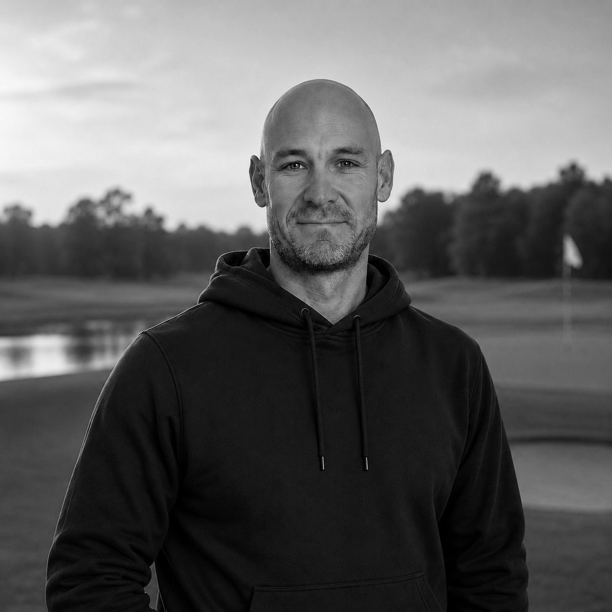 Man standing outdoors in a dark hoodie with a blurred field and trees in the background