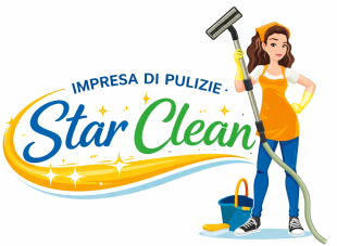 Logo per l'impresa di pulizie Star Clean, con testo, un simbolo a forma di onda dorata e una persona che tiene in mano un aspirapolvere.