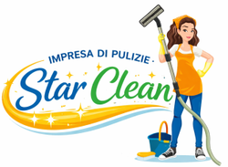 Logo per i servizi di pulizia Star Clean, caratterizzato dal testo con un ampio arco giallo, un aspirapolvere e una figura intenta a pulire.