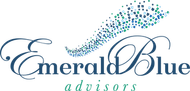 Emerald Blue Advisors logo. Decorative font with blue text, a swirl of blue squares above it.