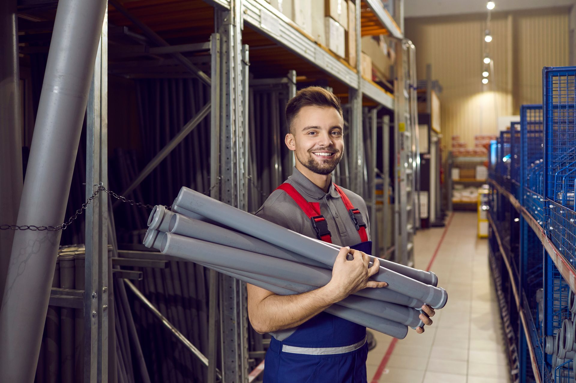 Warehouse worker holding gray plastic pipes in a supply store.