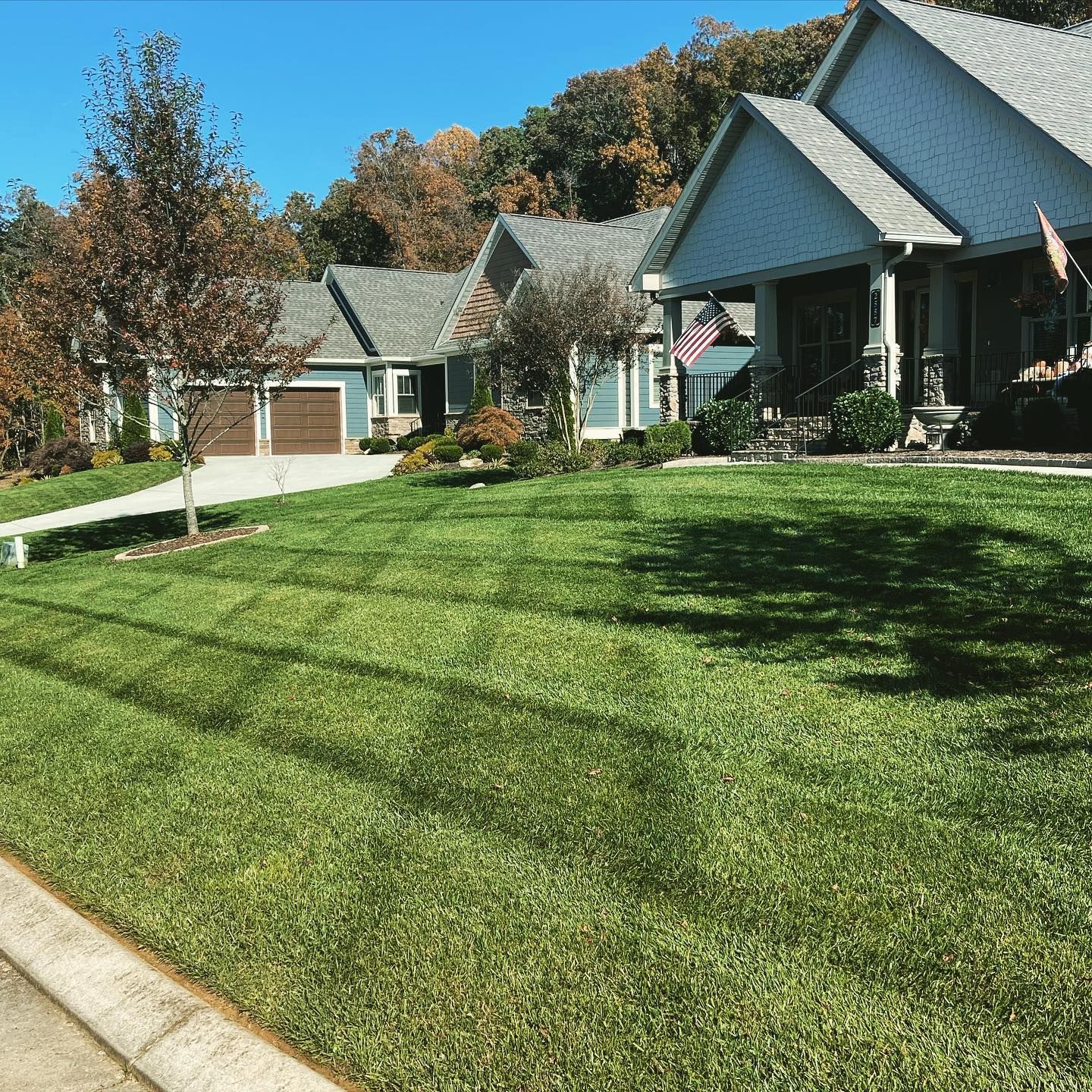 Residential lawn care with freshly mowed grass 