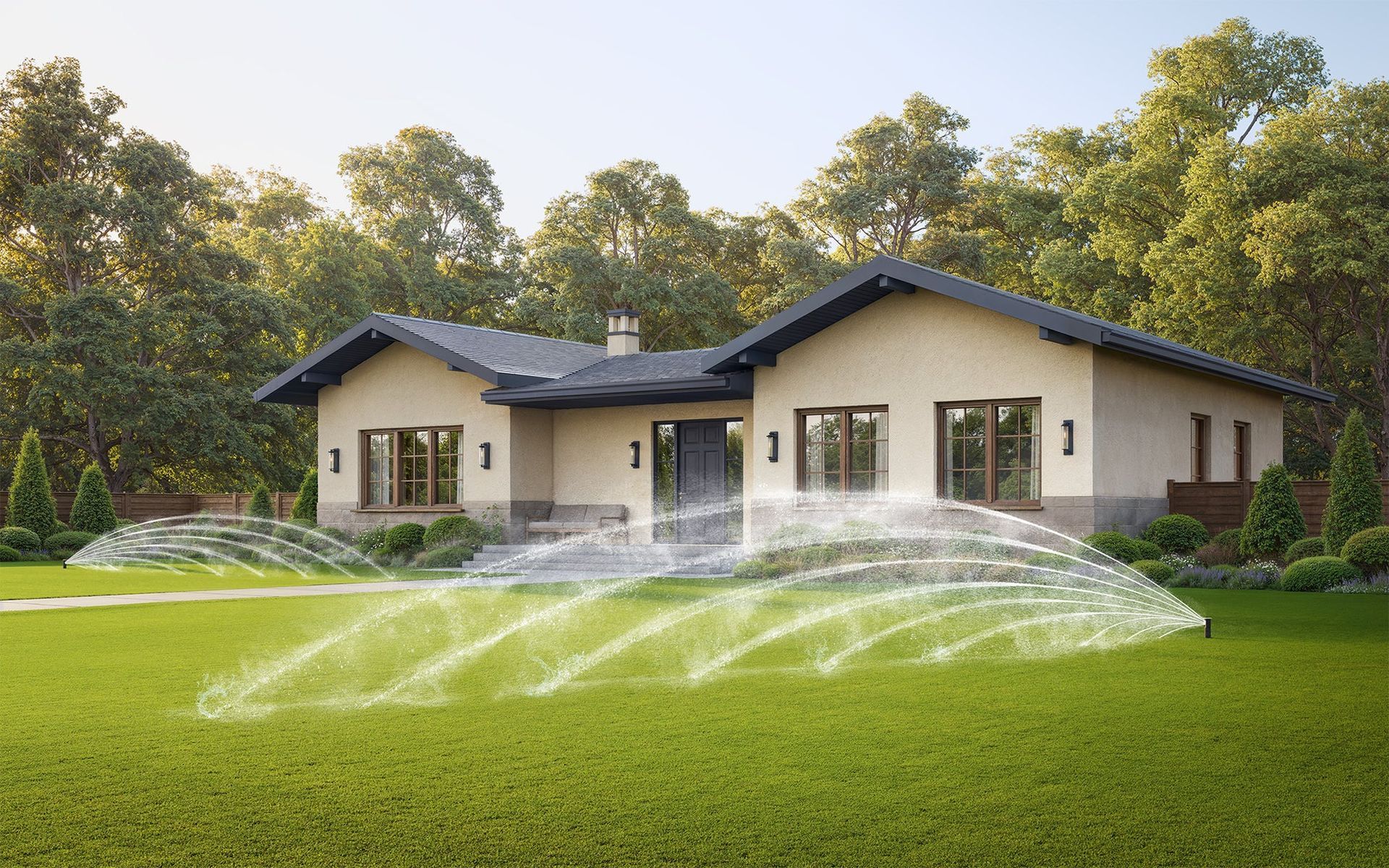 Single-story house with a sprinkler watering a green lawn in front of trees