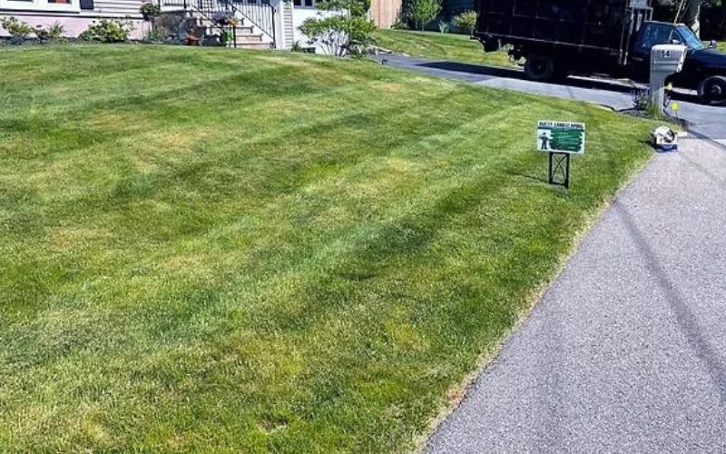 Lawn with alternating light and dark stripes, near a street and parked truck.