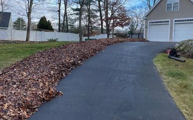 Driveway covered in brown leaves being blown toward the side by a leaf blower near a garage.