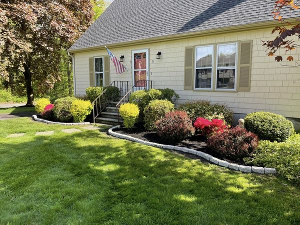 Yellow house with well-manicured lawn, shrubs and a flag.