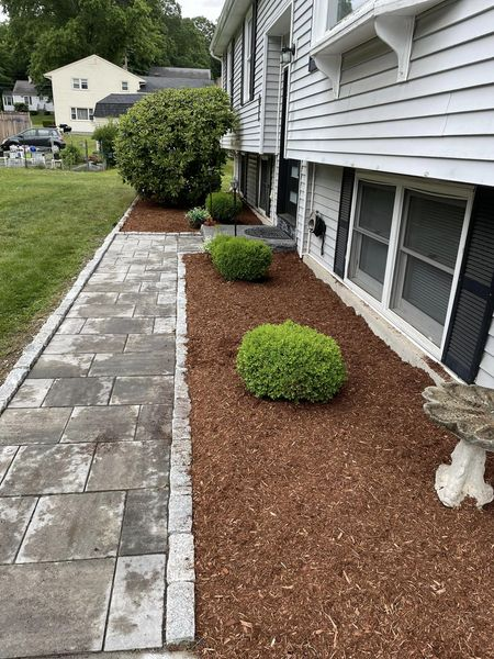 Stone walkway alongside a house with mulch beds and green shrubs.