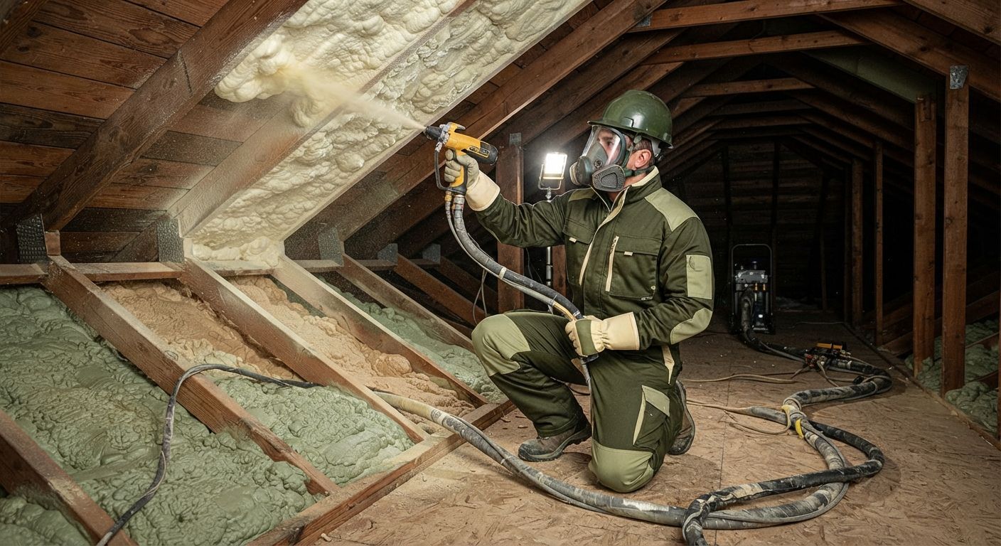 Professional technician applying spray foam insulation to a residential attic roof deck