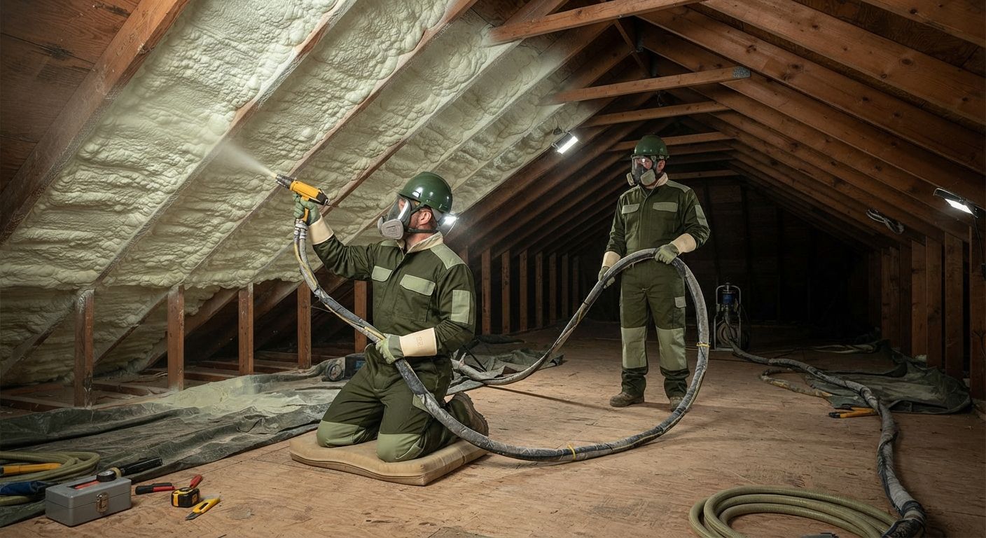 Two professional technicians completing a residential spray foam insulation installation