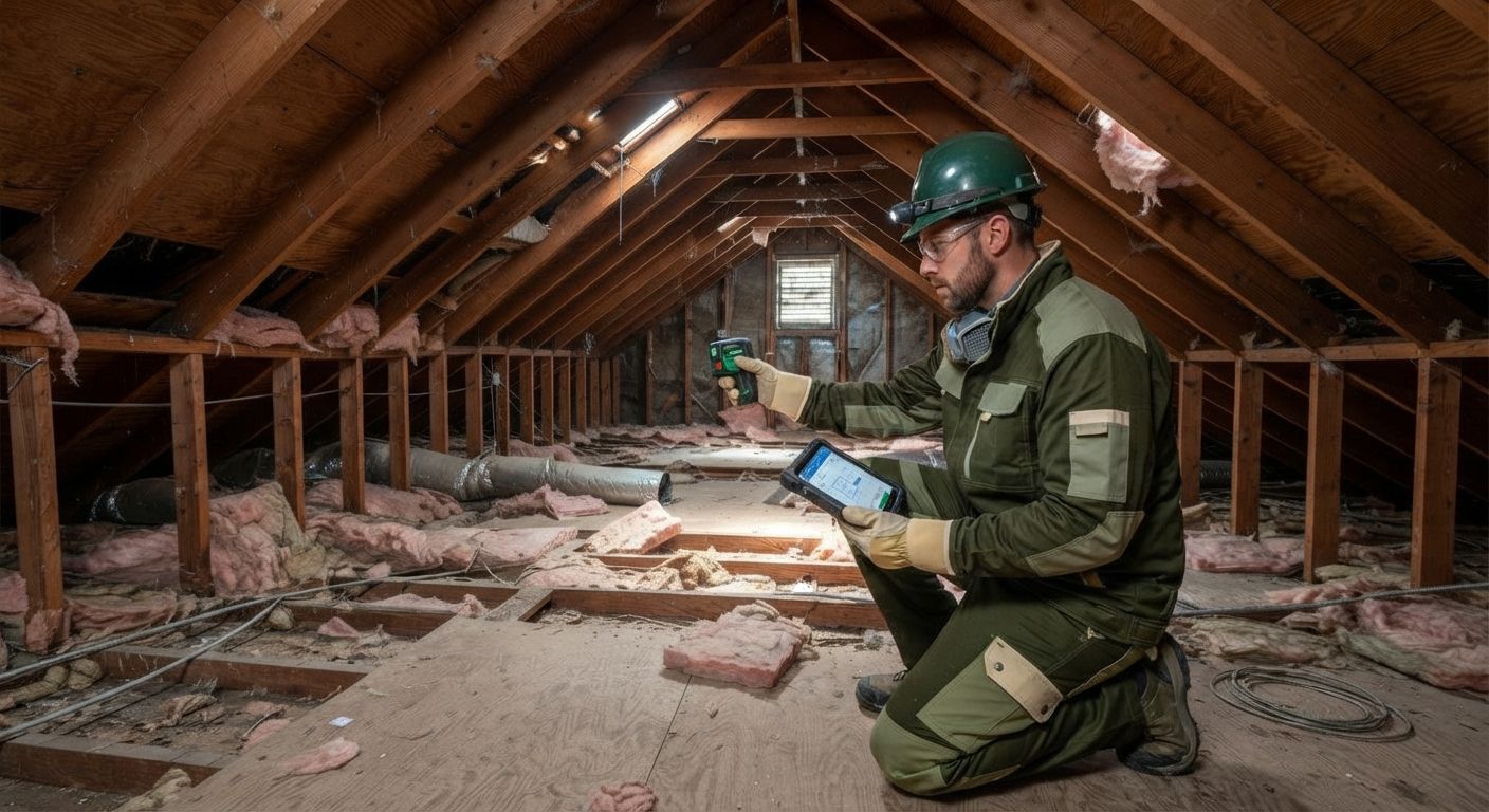 Insulation technician measuring attic space before planning spray foam installation