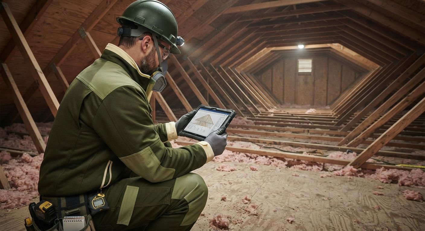 Professional technician evaluating the amount of spray foam insulation needed for an attic