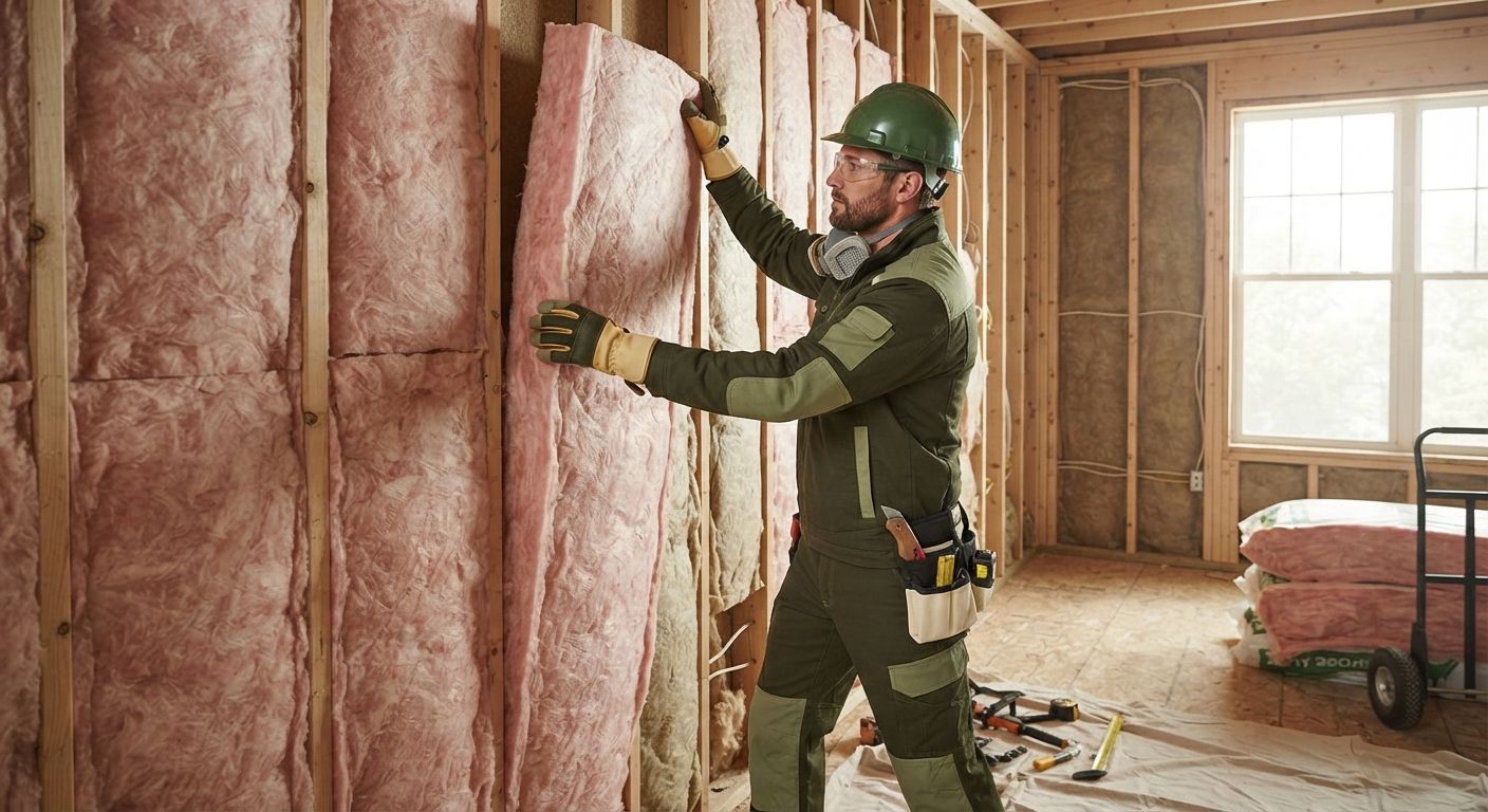 Professional technician installing fiberglass insulation between residential wall studs