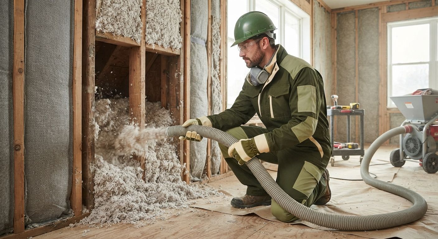 Professional technician installing blown-in insulation inside a residential wall cavity