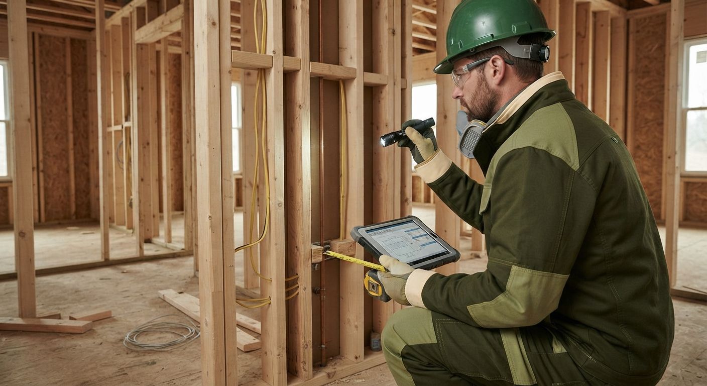 Contractor inspecting wall framing and utilities before planning insulation work
15. Evaluating Existing Wall Insulation