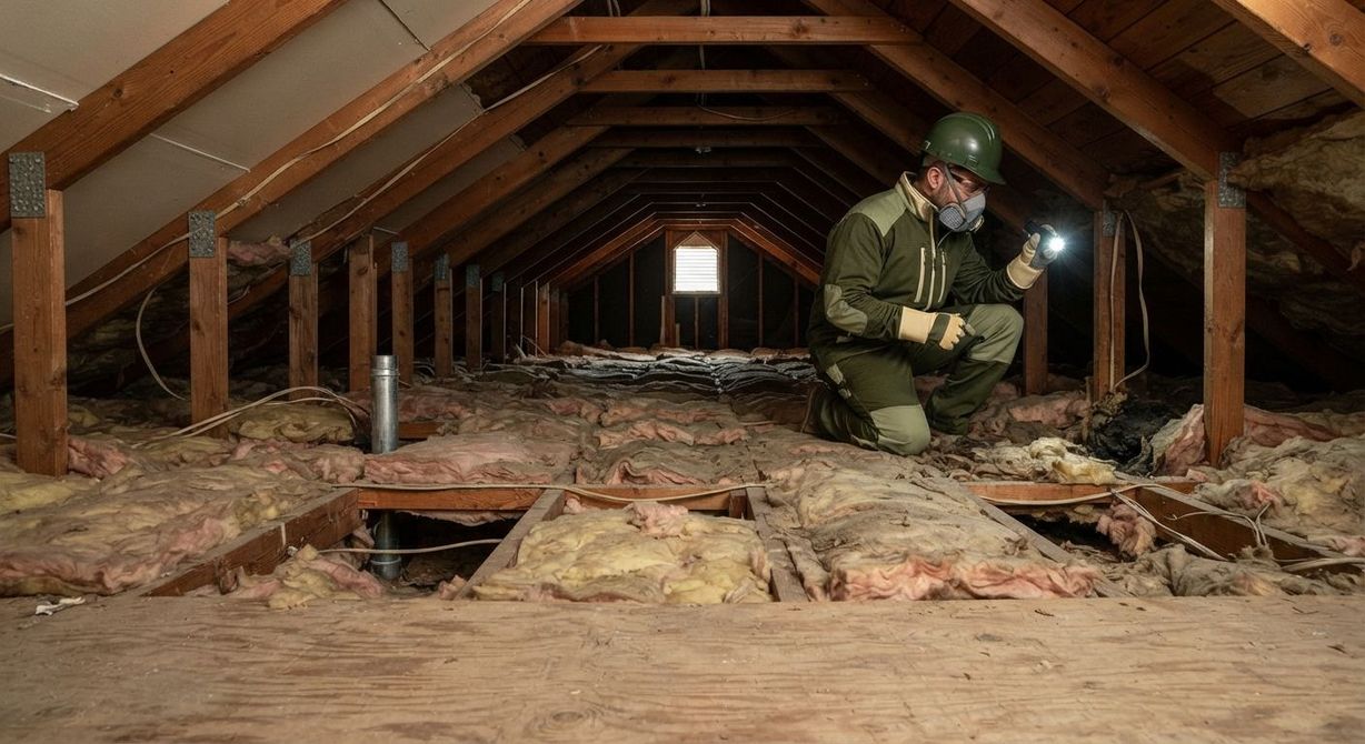 Insulation contractor inspecting old and uneven insulation in a Yuba City home