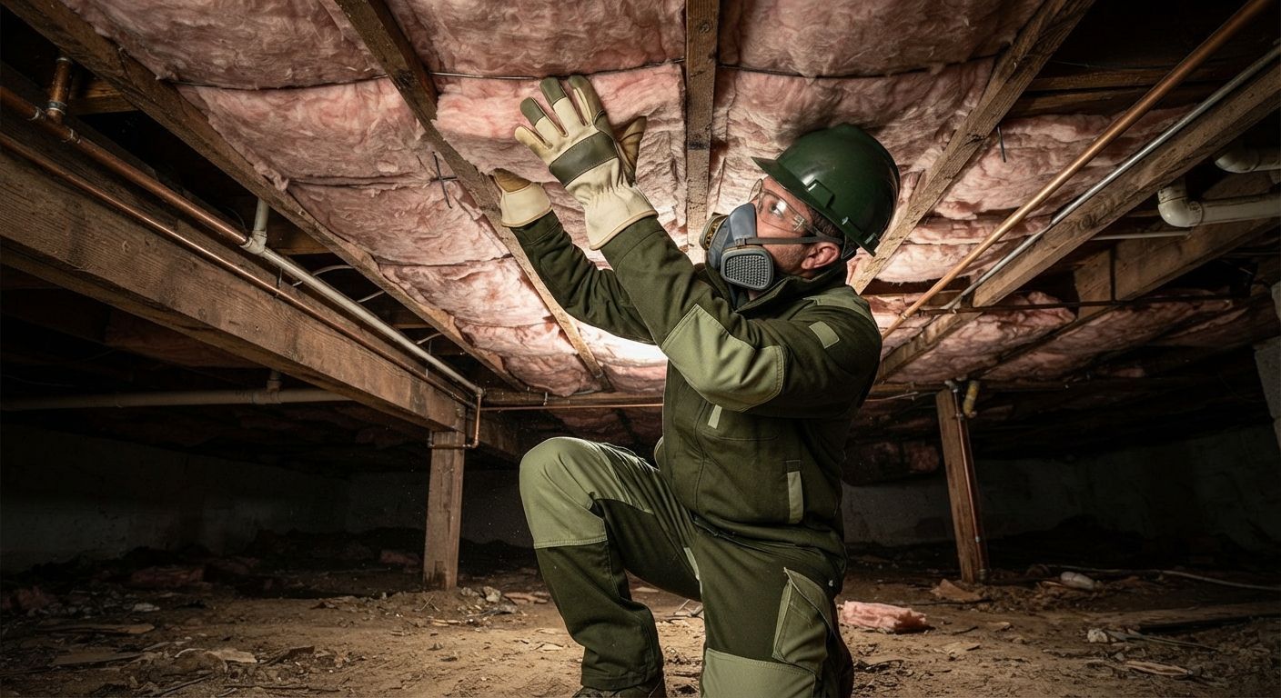 Professional technician securing crawl space insulation beneath wooden floor joists