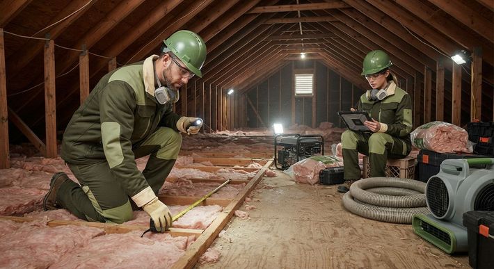Professional insulation team assessing and planning a residential insulation project