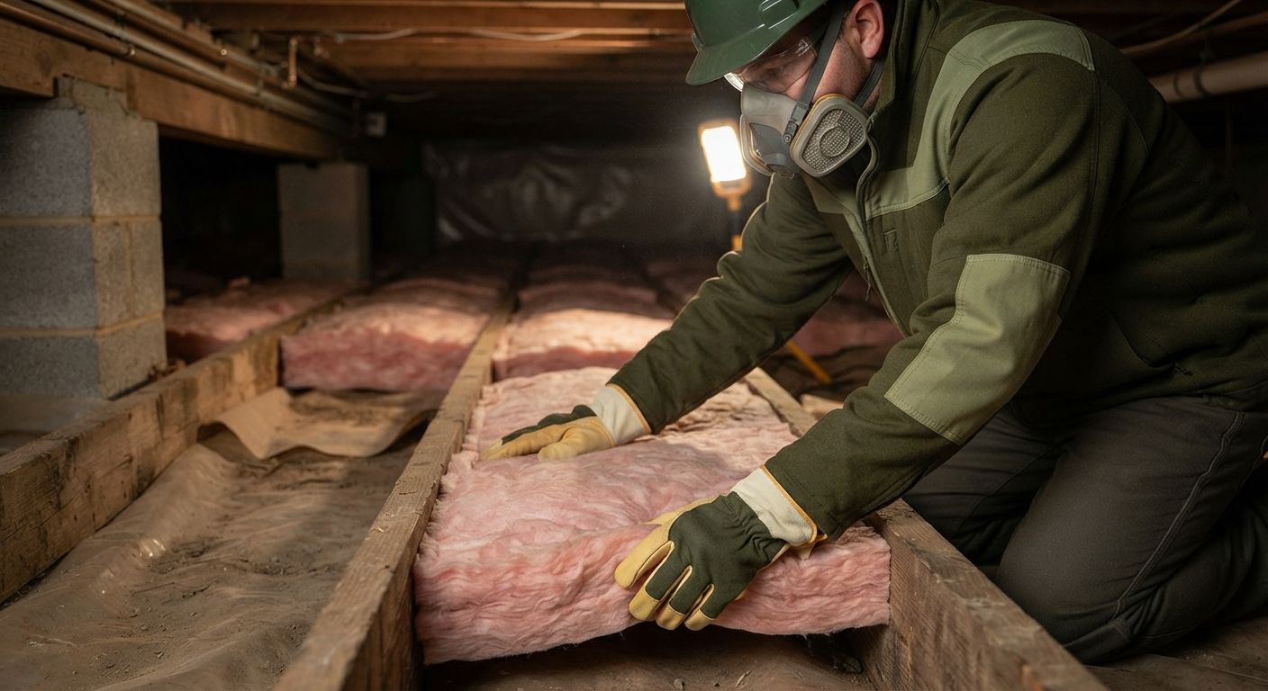 Insulation technician fitting fiberglass insulation into a crawl space floor cavity