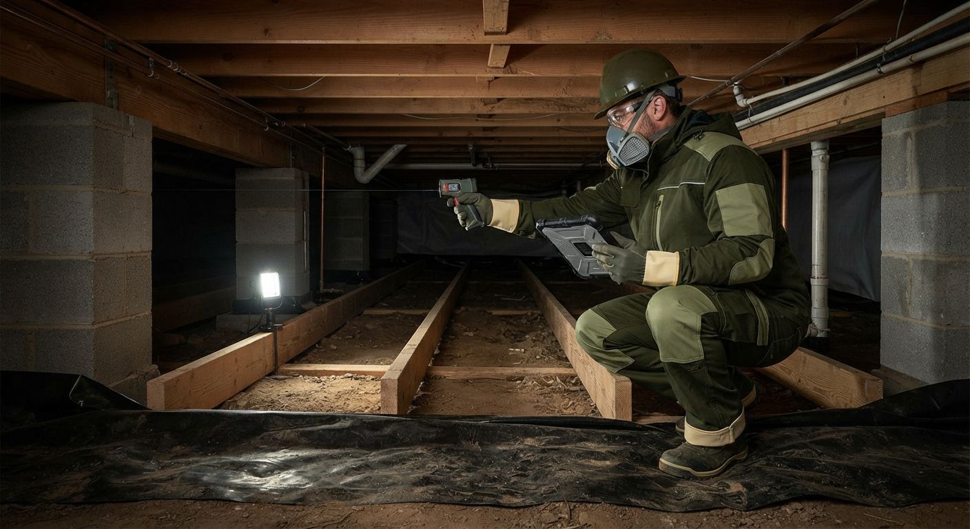 Professional technician inspecting existing crawl space insulation and framing conditions