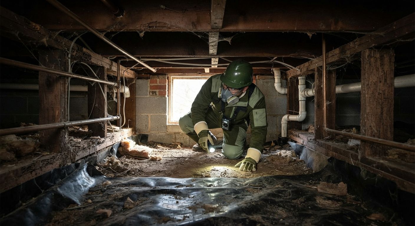 Insulation technician evaluating limited access inside a residential crawl space