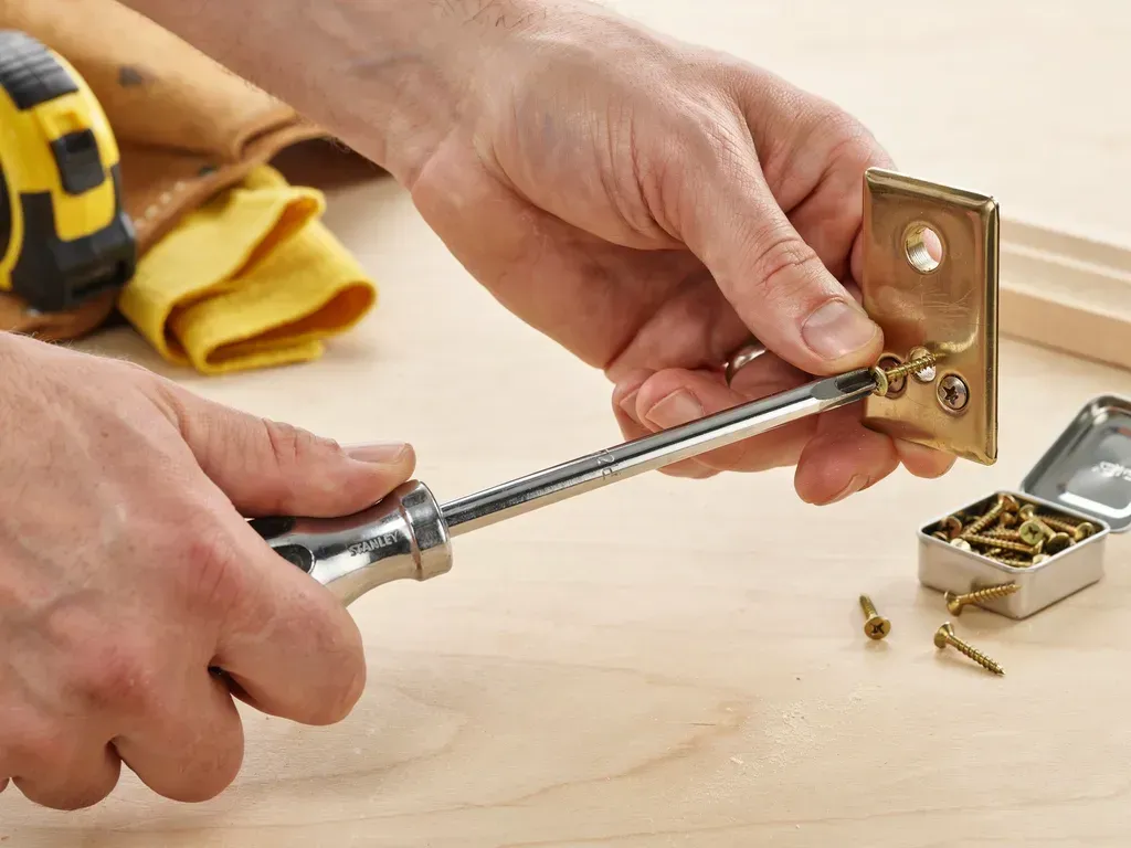 Hands use a screwdriver to install a brass door latch on a wooden board.
