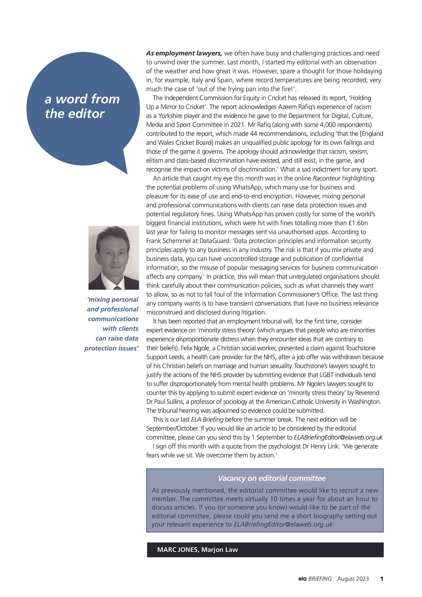 ELA Briefing Editorial - Marc Jones - August 2023 ELA Briefing Editorial - Marc Jones - August 2023