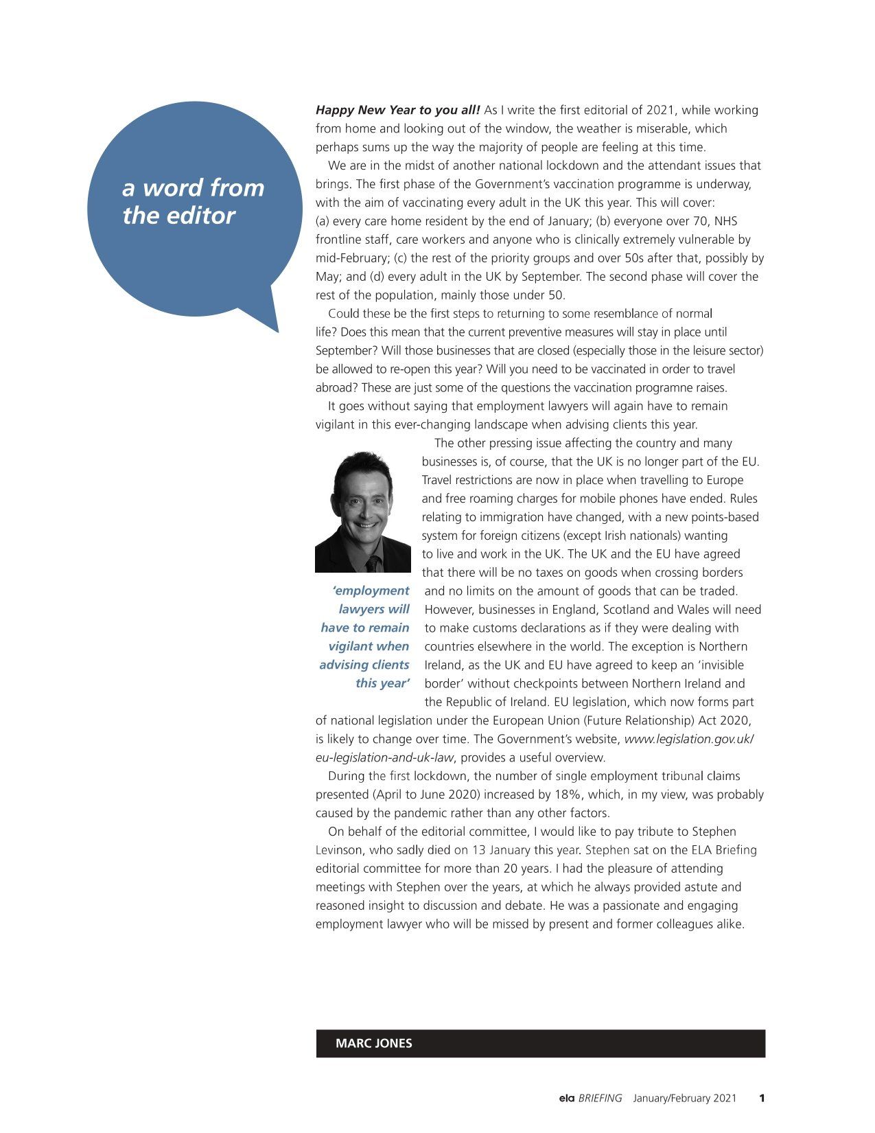 ELA Briefing Editorial - Marc Jones - January/February 2020 ELA Briefing Editorial - Marc Jones - January/February 2020