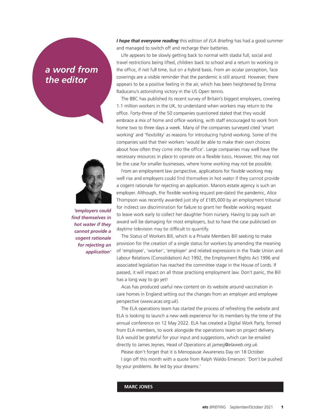ELA Briefing Editorial - Marc Jones - September/October 2021 ELA Briefing Editorial - Marc Jones - September/October 2021
