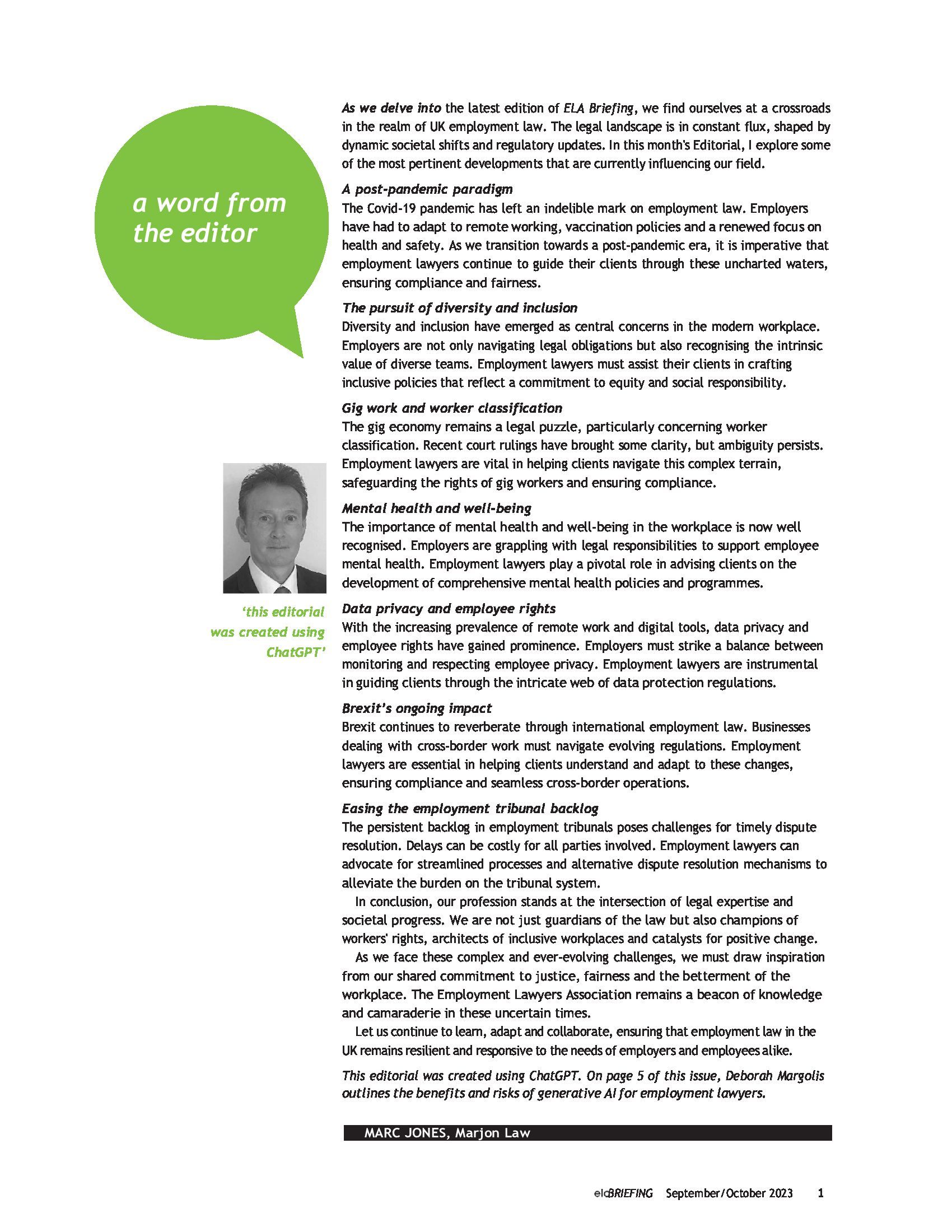 ELA Briefing Editorial - Marc Jones - September/October 2023 ELA Briefing Editorial - Marc Jones - September/October 2023