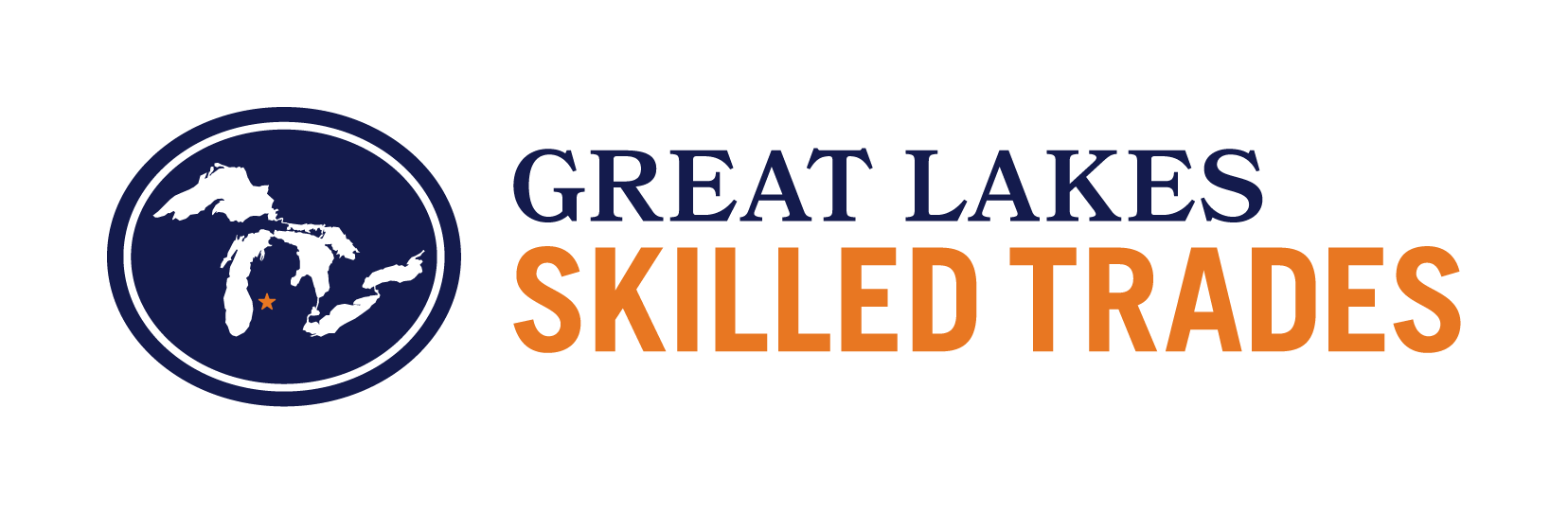 The logo for great lakes skilled trades is blue and orange.