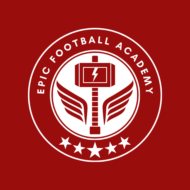 Epic Football Academy logo: red circle with a hammer icon, wings, and stars.