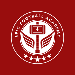 Epic Football Academy logo: red circle with a hammer icon, wings, and stars.