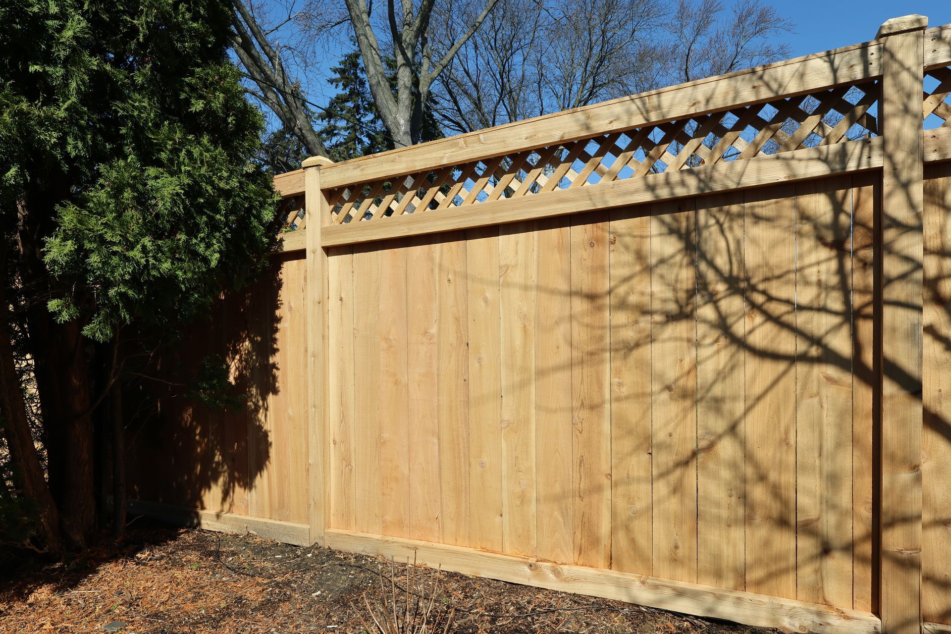 Completed cedar privacy fence installation in suburban Illinois with clean post alignment