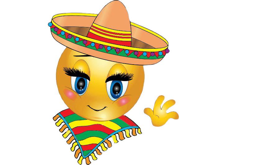 Yellow emoji wearing a sombrero and poncho, waving.