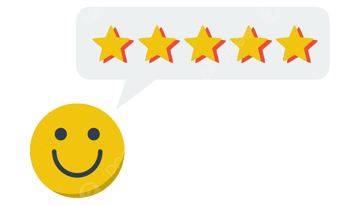 Smiling yellow emoji with five gold stars in a speech bubble, representing positive feedback.