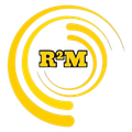 Yellow circular swirl logo with bold black and gold &ldquo;R&sup2;M&rdquo; text in the center