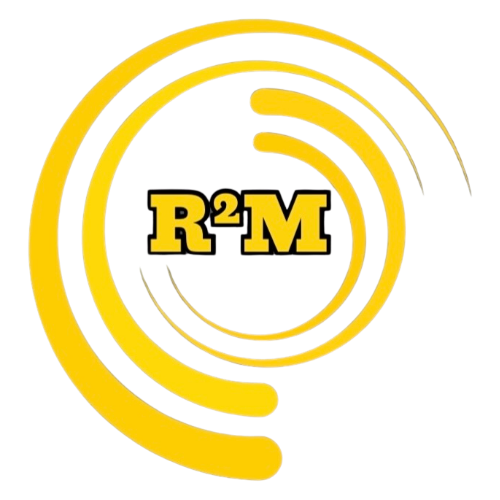 Yellow circular swirl logo with bold black and gold “R²M” text in the center