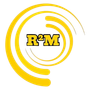 Yellow circular swirl logo with bold black and gold &ldquo;R&sup2;M&rdquo; text in the center