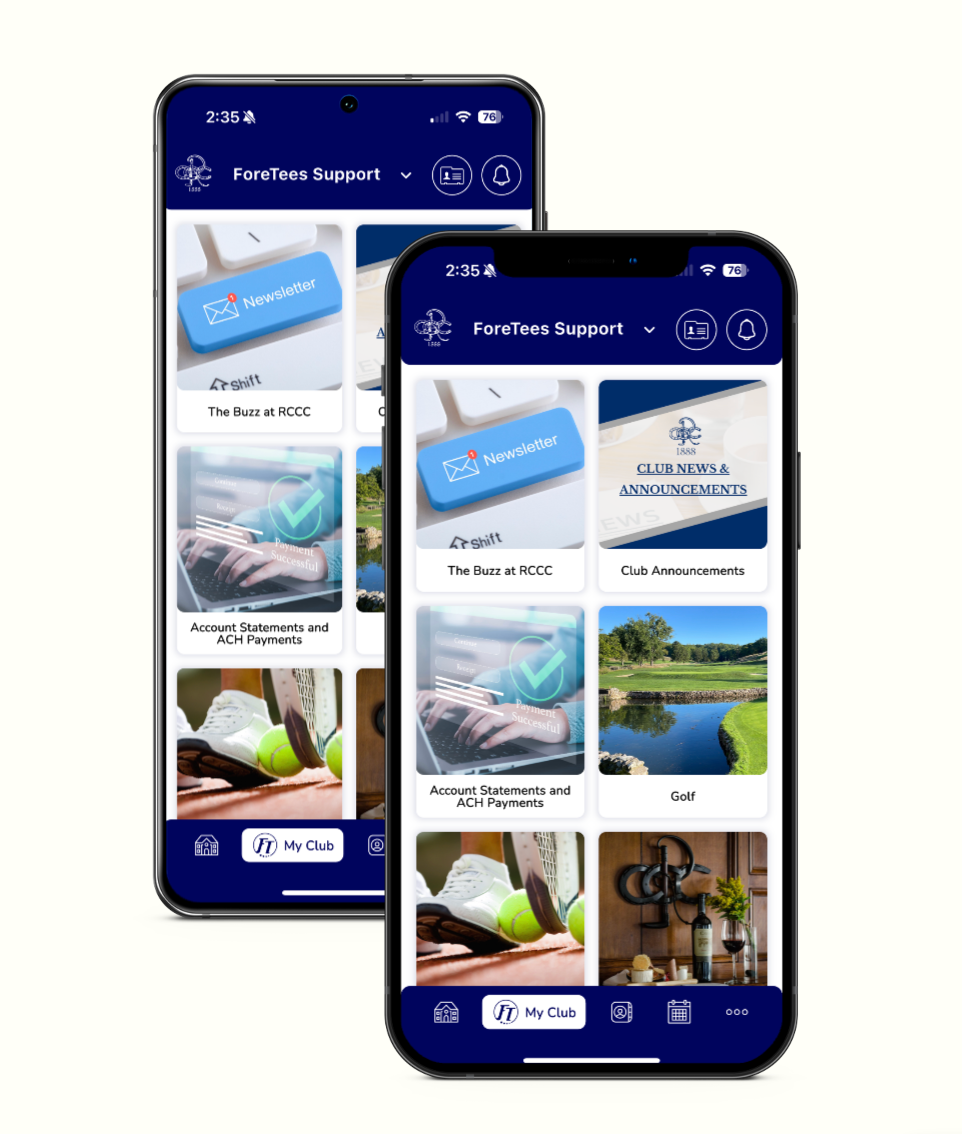 Two smartphones displaying an app with blue and white tiles. One shows