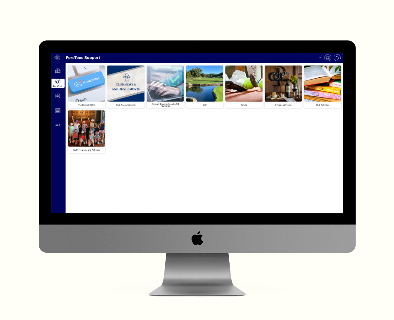 Computer screen displaying a photo gallery of images, on a gray iMac.