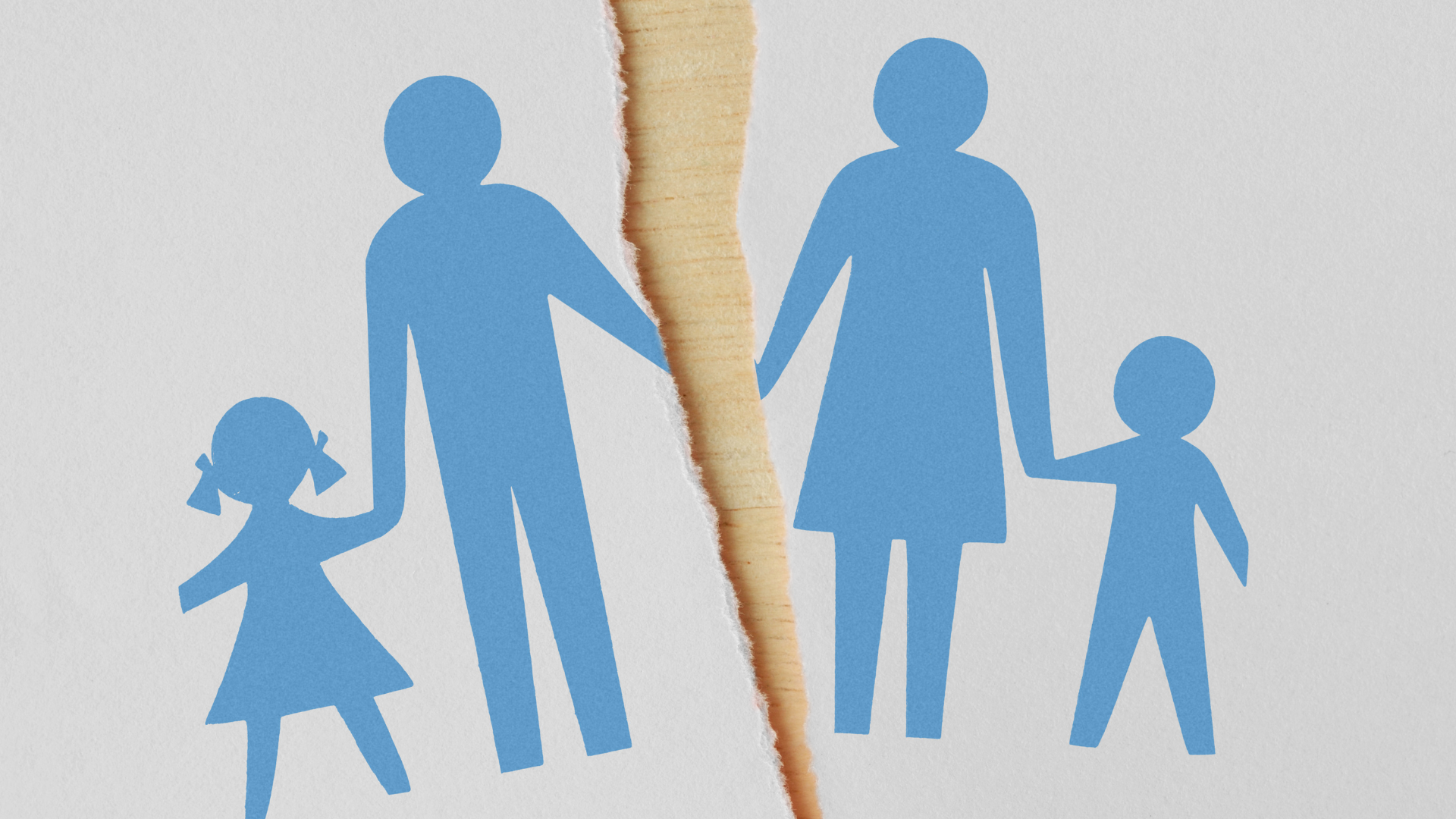 Blue family silhouette cut in half by a torn, beige strip, symbolizing divorce.