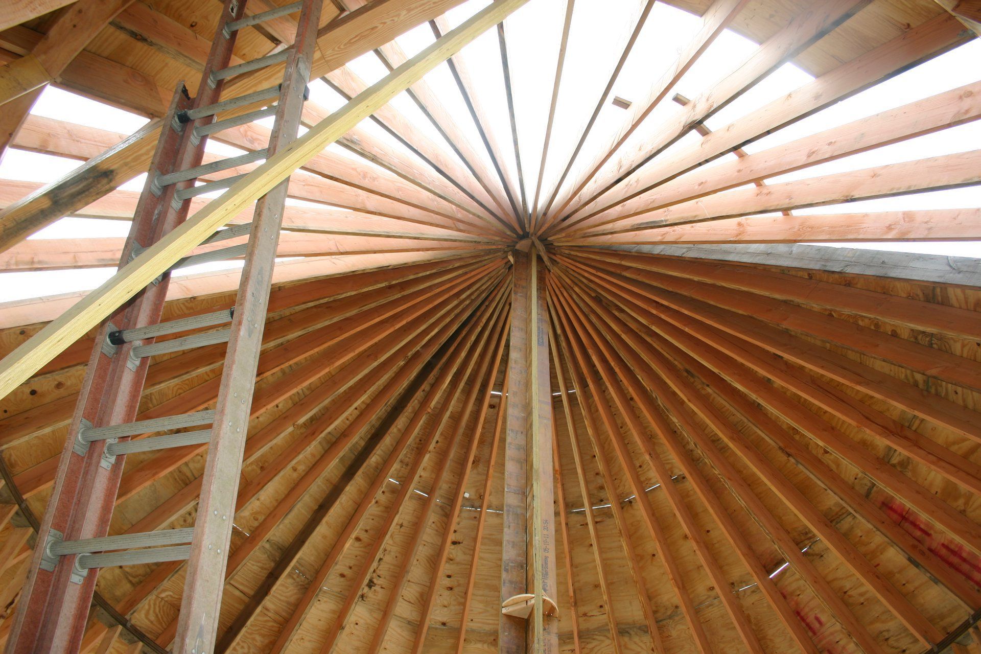 Interior view of a wooden geodesic dome with radial beams and a ladder on the left