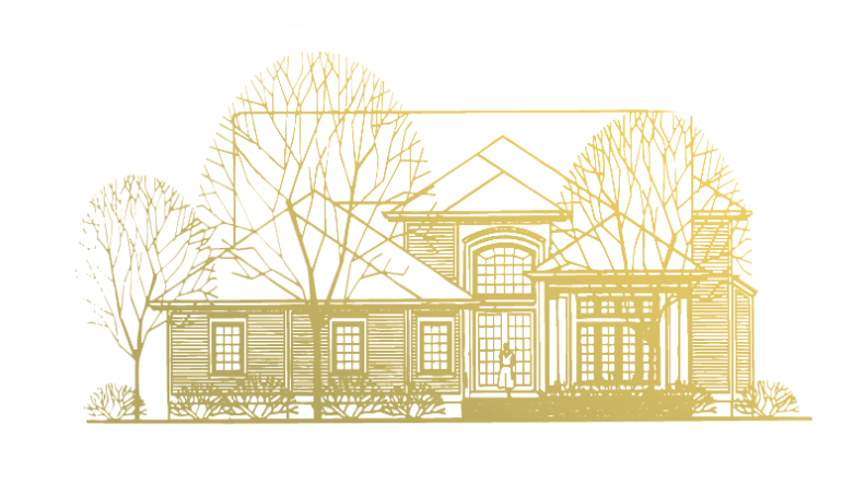 Gold line drawing of a house with trees and a front porch on a white background